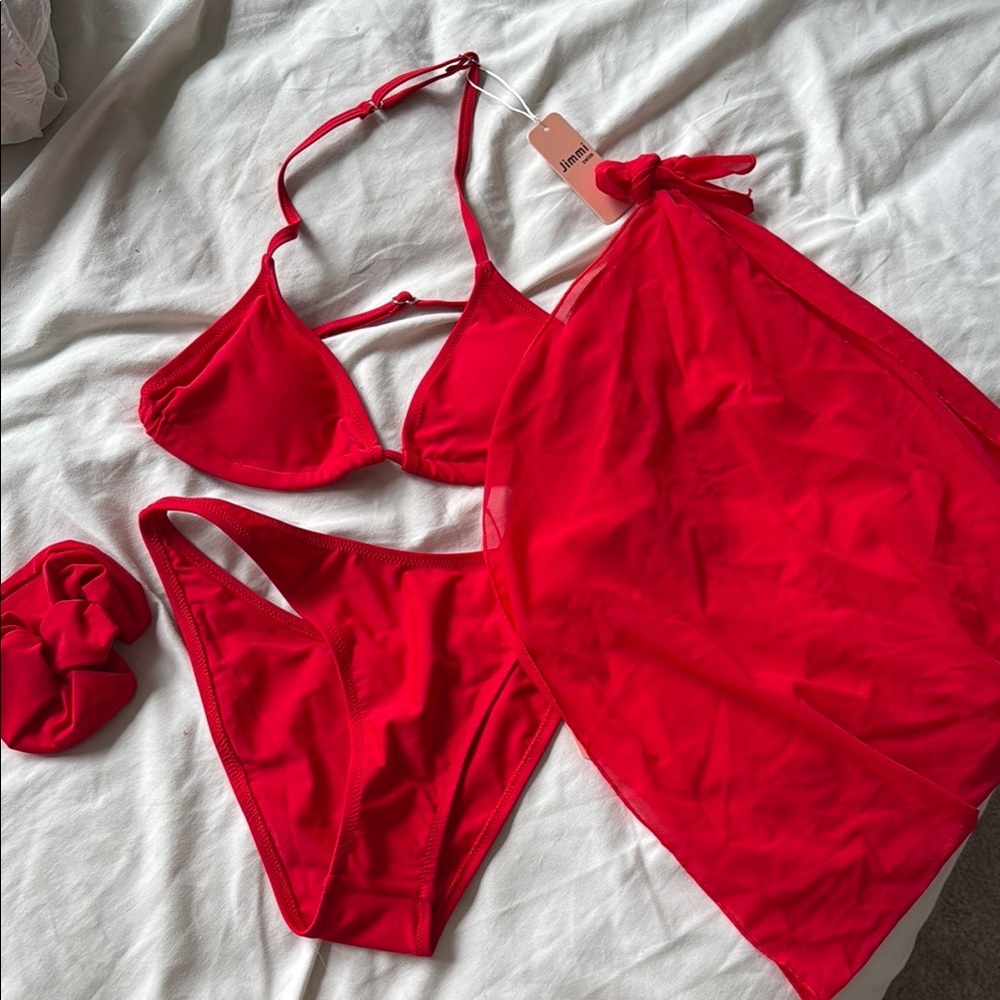 Red Bikini Set with Sarong & Scrunchie